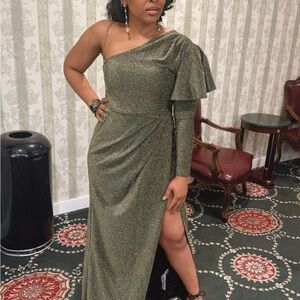 Glamorous One-Shoulder Gold Dress, Women's Metallic One Sleeve Maxi Dress